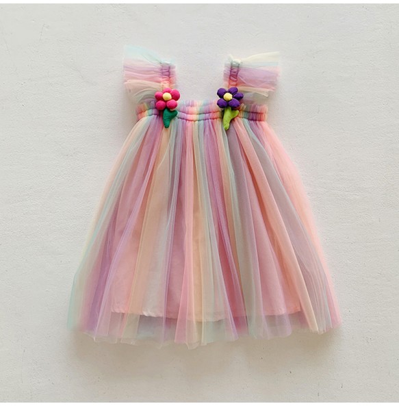 Summer Princess Girls Tulle Super Fairy Dresses Rainbow Flower Party Tutu Dress Children Mesh Puffy Birthday Vestidos Clothing