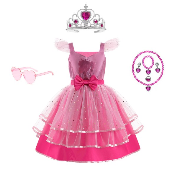 2024 Girls' New Barbie Bow Print Small Flying Sleeve Dress for Graduation Party Sweet and Cute Fashion Mesh Dress