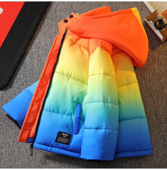 Boys' Winter Hooded Rainbow Long Sleeved Warm and Windproof Cotton Jacket Fashionable and Versatile Gradient Jacket