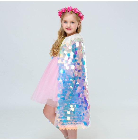 New Little Mermaid Princess Girls Sequins Cape Cloak for Beach Party Clothes Children Rainbow Shawl Cosplay Christmas Wear