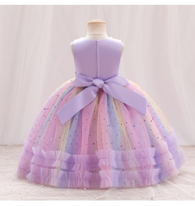 New Girl Embroidered Star Sequin Rainbow Mesh Sleeveless Dress Christmas Birthday Party Evening Dress for 1-10 Years Girl