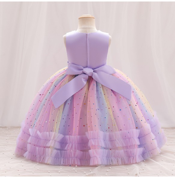 New Girl Embroidered Star Sequin Rainbow Mesh Sleeveless Dress Christmas Birthday Party Evening Dress for 1-10 Years Girl