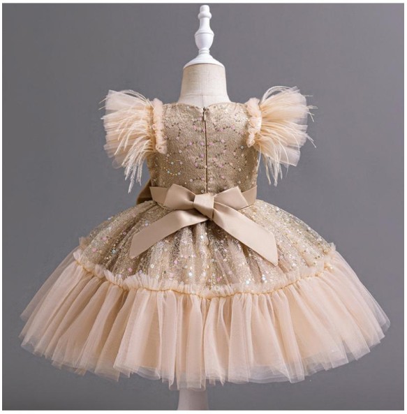 Summer New Girl's Sequin Flying Sleeves Big Bow Mesh Spliced Dress Birthday Party Wedding Flower Girl Princess Dress