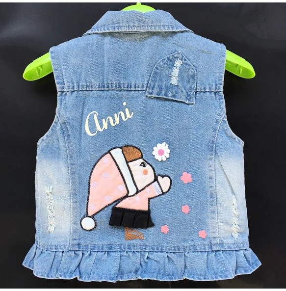 Baby Girl's Denim Cartoon Vest  Jacket Coat Outfits Toddler Kids Sequins Embroidery Girls Waistcoat Children Clothing Outerwear