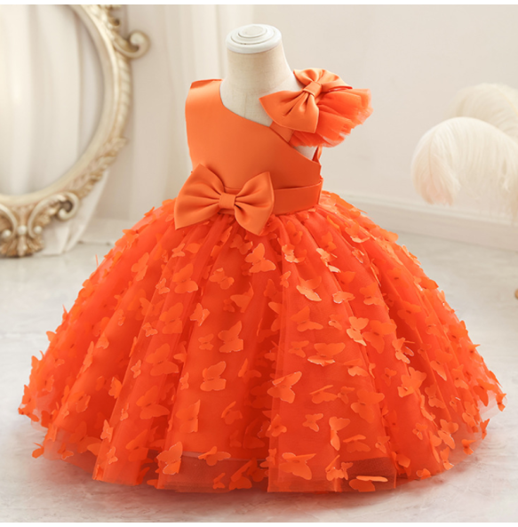 New Cute Butterfuly Flower Girls Brithday Wedding Dress Baby Kids Beauty Dress With Bownot