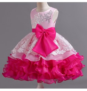 Summer New Girl's Sequin Color Block Sleeveless Mesh Dress with Big Bow Birthday Party School Graduation Evening Dress