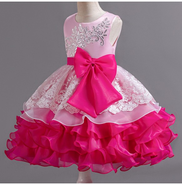 Summer New Girl's Sequin Color Block Sleeveless Mesh Dress with Big Bow Birthday Party School Graduation Evening Dress