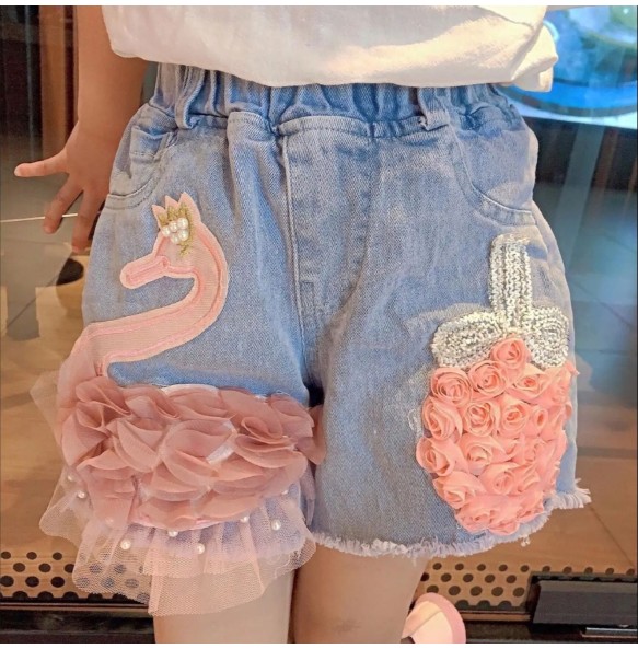 Baby Girl's Summer Cotton Denim Shorts Pants Toddler Kids Cute Swan Flower Soft Jeans for Teenager Girls Children Clothing