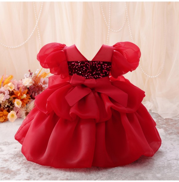 Girl's New Mesh Bubble Sleeves Sequin Fluffy Skirt Birthday Party Wedding Flower Girl School Stage Drama Performance Dress