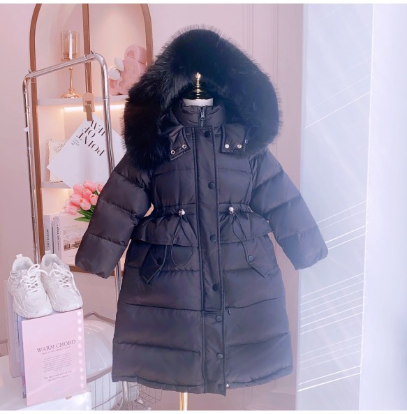 Girls' Winter New Solid Color Hoodie with Hairy Collar and Waist Collection Fashionable Windproof and Warm Long Cotton Jacket