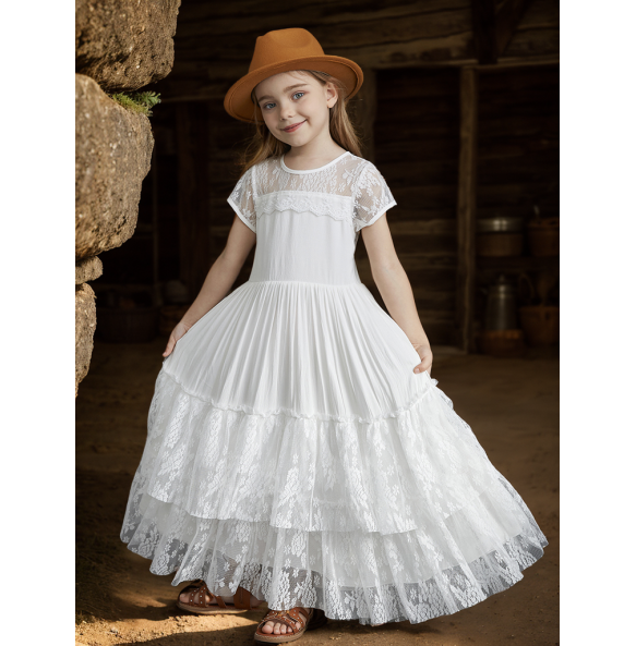 New 2024 Princess Girls Short Sleeve Lace Long Floor Dresses Baby Kids Flower Wedding Christmas Party Vestidos Children Clothing