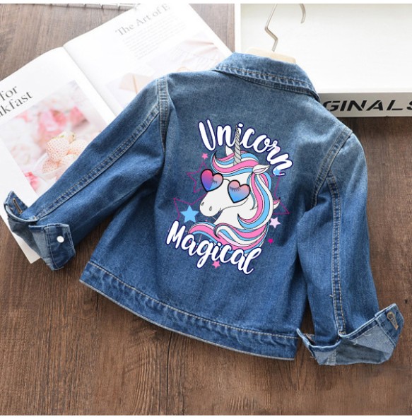 Autumn and winter Boys and Girls New Unicorn Excavator Cartoon Cute Print Polo Collar Long Sleeved Denim Coat for 2-10 Years