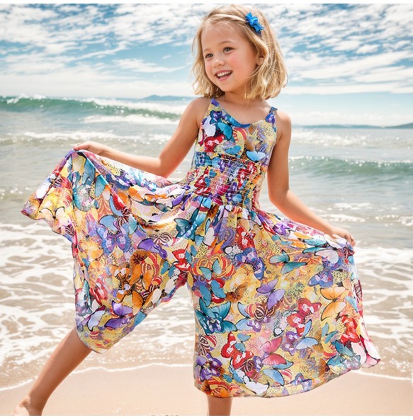 Bohemian Summer Girls Flower Dress Kids Girl Beach Dresses Chiffon Kids Dresses Floral Teenager Girls Clothes for 6-14 Years