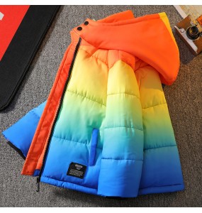 Boys' Winter Hooded Rainbow Long Sleeved Warm and Windproof Cotton Jacket Fashionable and Versatile Gradient Jacket