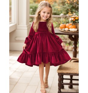 New 7-12 years Girls Spring Autumn Winter Velvet Long Sleeve Ruffle Hem Dress Princess Kids Party Dressess Children Clothing