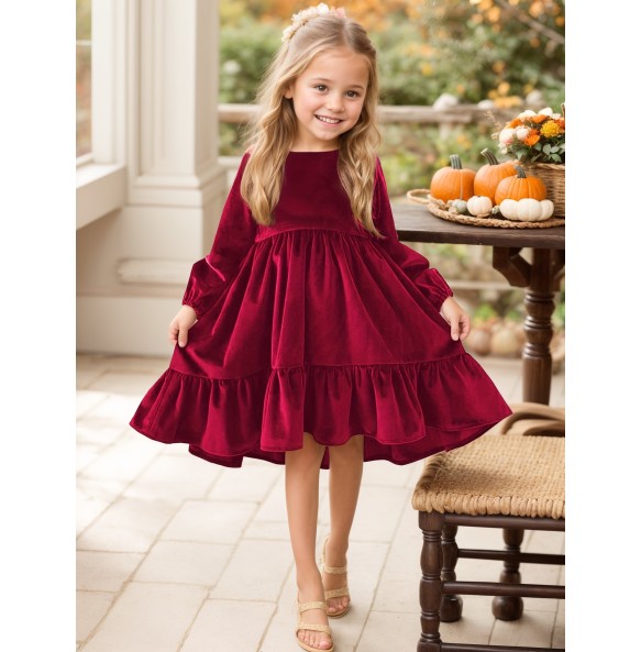 New 7-12 years Girls Spring Autumn Winter Velvet Long Sleeve Ruffle Hem Dress Princess Kids Party Dressess Children Clothing