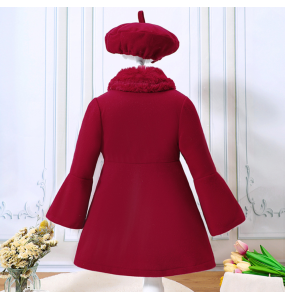 Girls' Winter Solid Color Fashion Long Flare Sleeves Versatile Warm Polo Collar Coat with Spliced Fleece Collar Coat