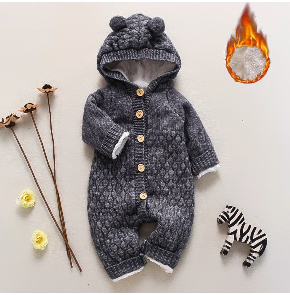 Winter Thick Warn Baby Kids Woolen Knitted Jumpsuit Infant Boys Girls Sweater Hoodied Cute Romper Toddler Outfits Clothing