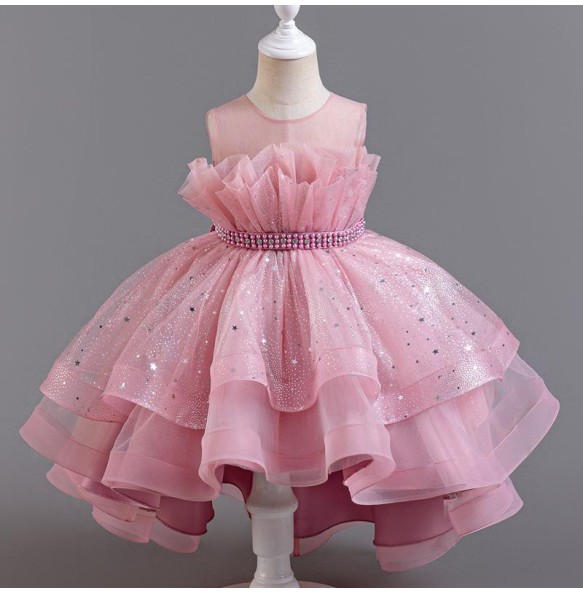 New Girl's Sequin Beaded Bow Drag Tail Mesh Fluffy Dress Wedding Flower Girl Birthday Party Fashionable Princess Dress