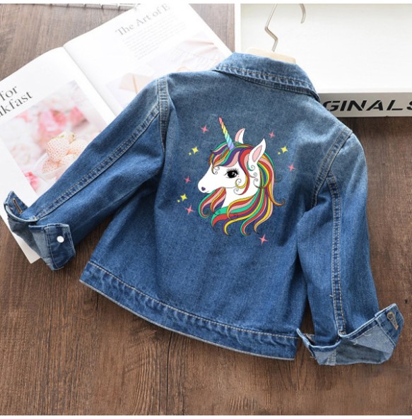 Autumn and winter Boys and Girls New Unicorn Excavator Cartoon Cute Print Polo Collar Long Sleeved Denim Coat for 2-10 Years