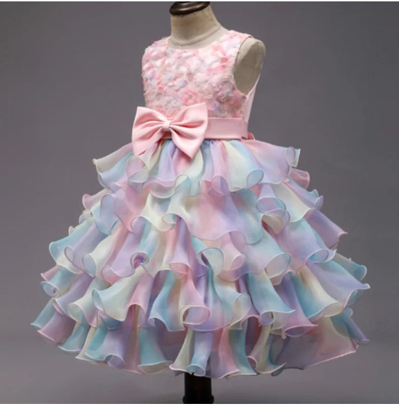 Summer New Wedding Flower Girl Birthday Party Rainbow Bow Fluffy Skirt Christmas School Stage Drama Mesh Performance Dress