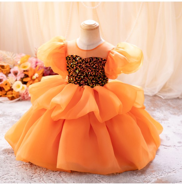 Girl's New Mesh Bubble Sleeves Sequin Fluffy Skirt Birthday Party Wedding Flower Girl School Stage Drama Performance Dress