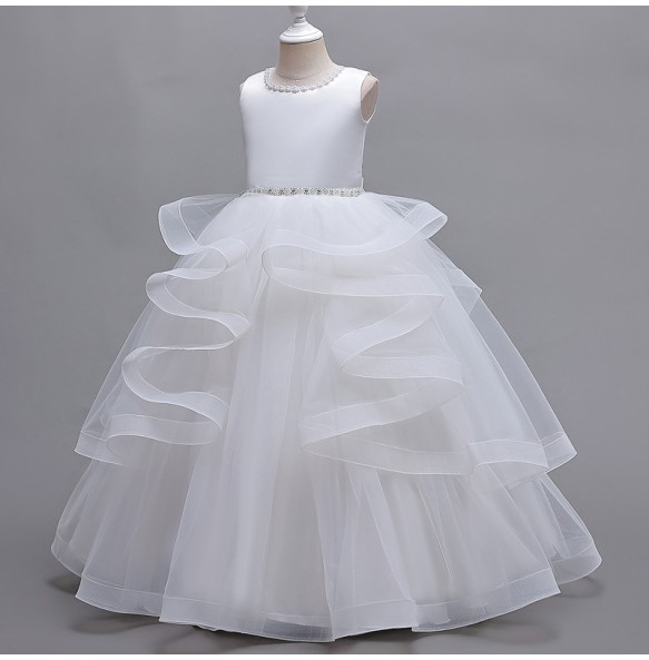 Summer New Girl's Solid Color Long Mesh Sleeveless Puff Dress Wedding Flower Girl Graduation Evening Dress for 4-14 Years