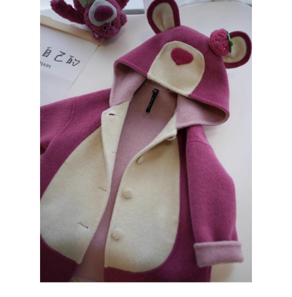 Disney Winter New Girl Strawberry Bear Sweet and Cute Warm Woolen Coat Fashion Versatile Love Print Long Coat for 1-8 Years