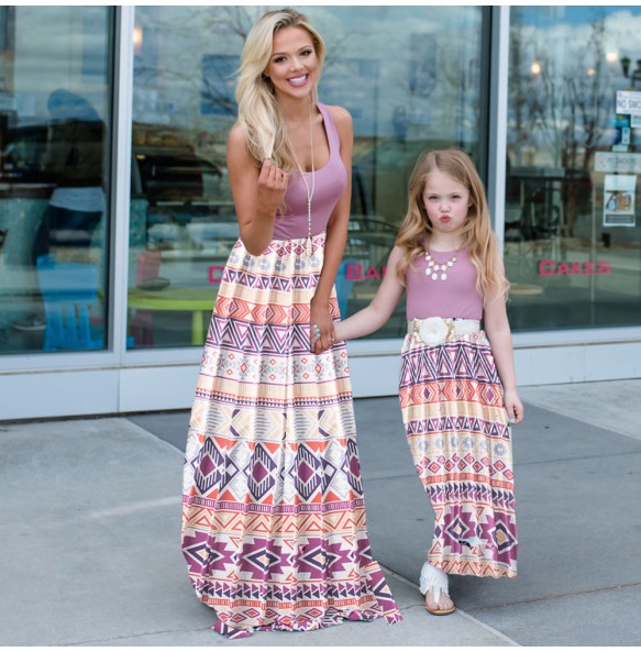 Summer Mother and Daughter Flower Long Dresses Beach Party Bohemia Maxi Dress Sundress Outfits Cotton Beachwear for Parent-Child