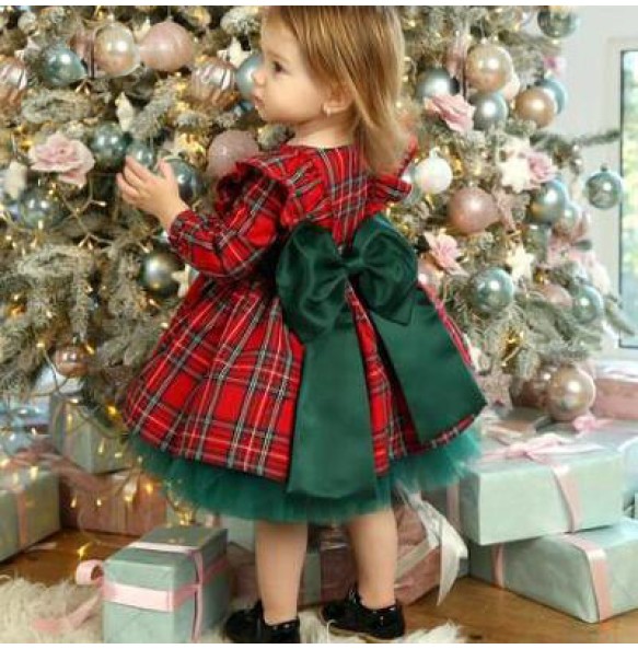 New 6M-5 Years Christmas Dress For Girls Toddler Kids Red Green Plaid Bow Dresses For Girl Xmas Party Princess Costumes Clothes