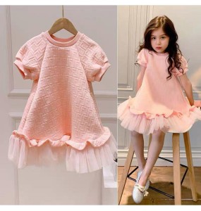 Baby Girls Dresses Spring Autumn Summer Pink Mesh Prinscess Short Sleeve Dress Children Clothing Girls Casual Dresses For 1-12y