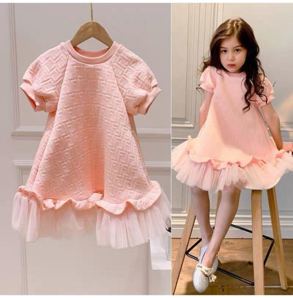 Baby Girls Dresses Spring Autumn Summer Pink Mesh Prinscess Short Sleeve Dress Children Clothing Girls Casual Dresses For 1-12y