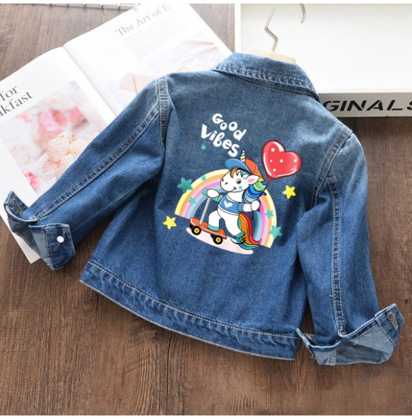 Autumn and winter Boys and Girls New Unicorn Excavator Cartoon Cute Print Polo Collar Long Sleeved Denim Coat for 2-10 Years