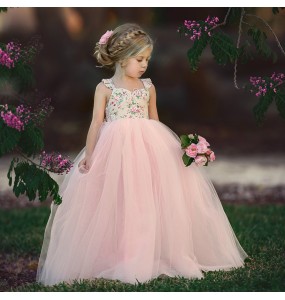 New 1-6years Pink Flower Girl Dress Toddler Kids Lace Wedding Party Costumes Clothes Cute Summer Children Clothing