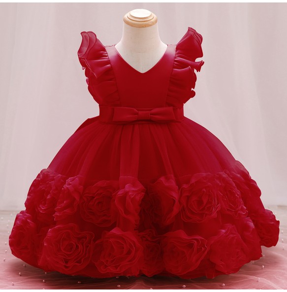 Summer New Little Flying Sleeves Applique Bow Tie Girls' Puffy Dress Birthday Party Wedding Flower Boy Christmas Dress