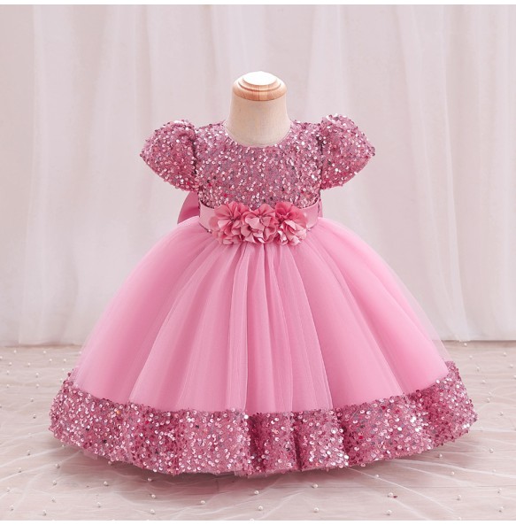 Hight Quality Princess Girls Sequin Flower Short Sleeve Ball Gown Party Dress Baby Kids Elegant Wedding Baptismal Dress Clothing