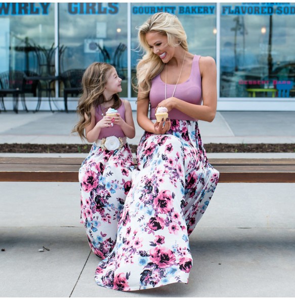 Summer Mother and Daughter Flower Long Dresses Beach Party Bohemia Maxi Dress Sundress Outfits Cotton Beachwear for Parent-Child