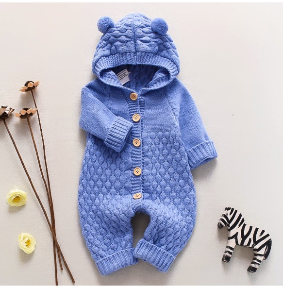 Winter Thick Warn Baby Kids Woolen Knitted Jumpsuit Infant Boys Girls Sweater Hoodied Cute Romper Toddler Outfits Clothing