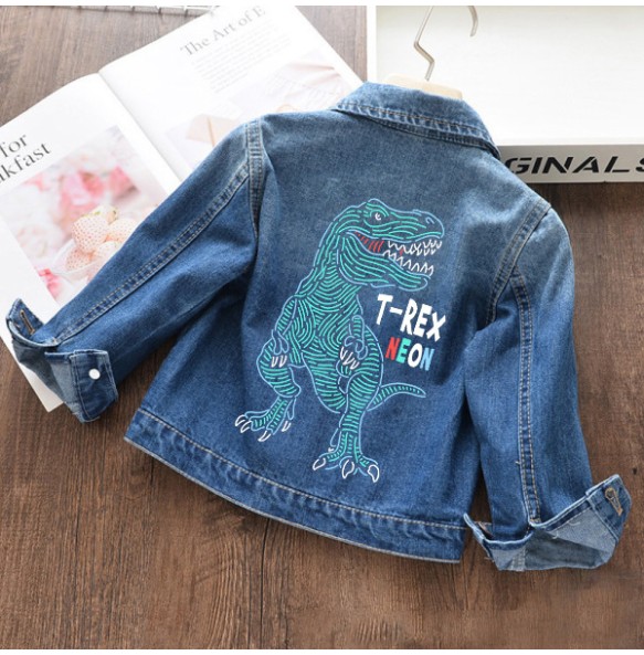 Autumn and winter Boys and Girls New Unicorn Excavator Cartoon Cute Print Polo Collar Long Sleeved Denim Coat for 2-10 Years