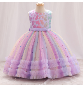 New Girl Embroidered Star Sequin Rainbow Mesh Sleeveless Dress Christmas Birthday Party Evening Dress for 1-10 Years Girl