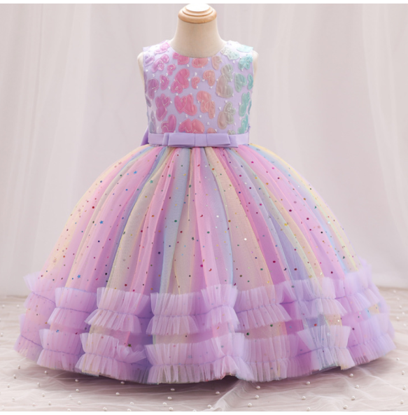 New Girl Embroidered Star Sequin Rainbow Mesh Sleeveless Dress Christmas Birthday Party Evening Dress for 1-10 Years Girl