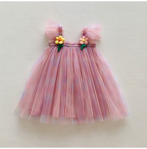 Summer Princess Girls Tulle Super Fairy Dresses Rainbow Flower Party Tutu Dress Children Mesh Puffy Birthday Vestidos Clothing