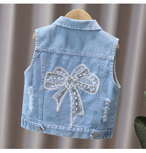 Children's Vest Spring and Autumn New Bow Crown Flower Print Flip Collar Vest Sweet and Cute Fashion Versatile Coat