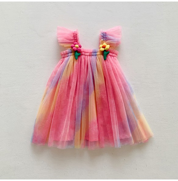 Summer Princess Girls Tulle Super Fairy Dresses Rainbow Flower Party Tutu Dress Children Mesh Puffy Birthday Vestidos Clothing