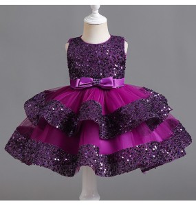 Summer New Beaded Bow Tie Sequin Mesh Children's Sleeveless Evening Dress School Graduation Party Multi Layered Dress