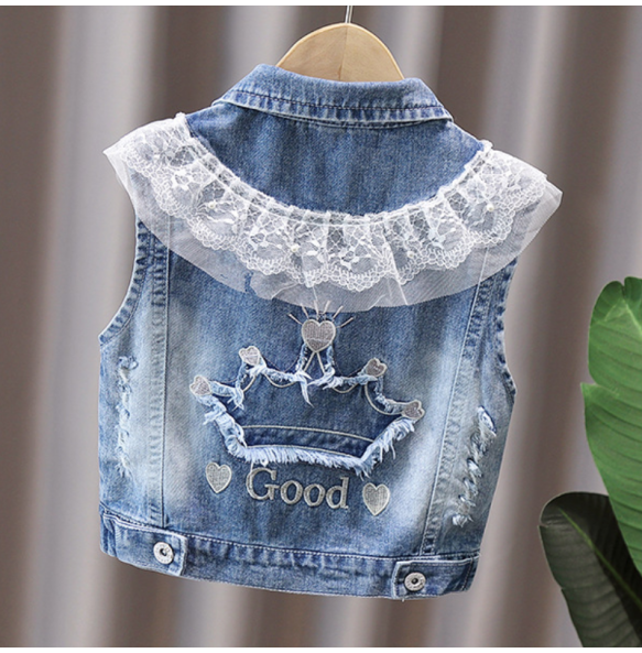 Children's Vest Spring and Autumn New Bow Crown Flower Print Flip Collar Vest Sweet and Cute Fashion Versatile Coat