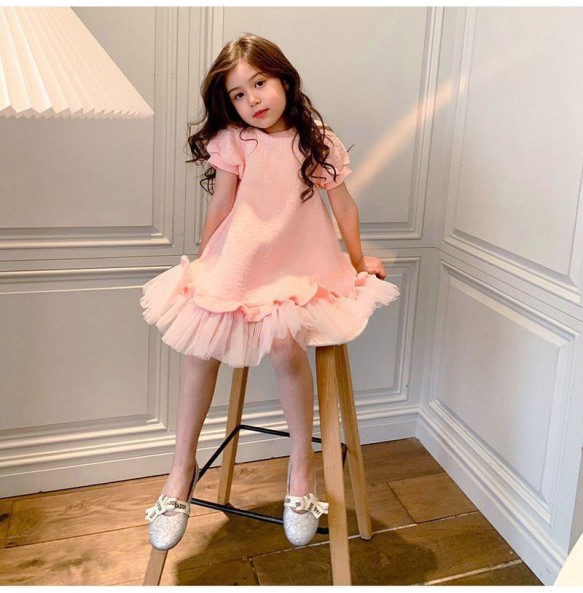 Baby Girls Dresses Spring Autumn Summer Pink Mesh Prinscess Short Sleeve Dress Children Clothing Girls Casual Dresses For 1-12y