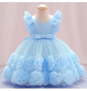 Summer New Little Flying Sleeves Applique Bow Tie Girls' Puffy Dress Birthday Party Wedding Flower Boy Christmas Dress