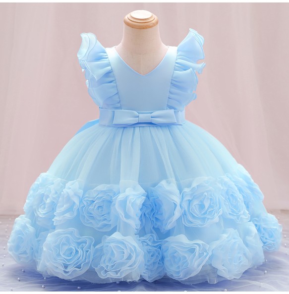 Summer New Little Flying Sleeves Applique Bow Tie Girls' Puffy Dress Birthday Party Wedding Flower Boy Christmas Dress