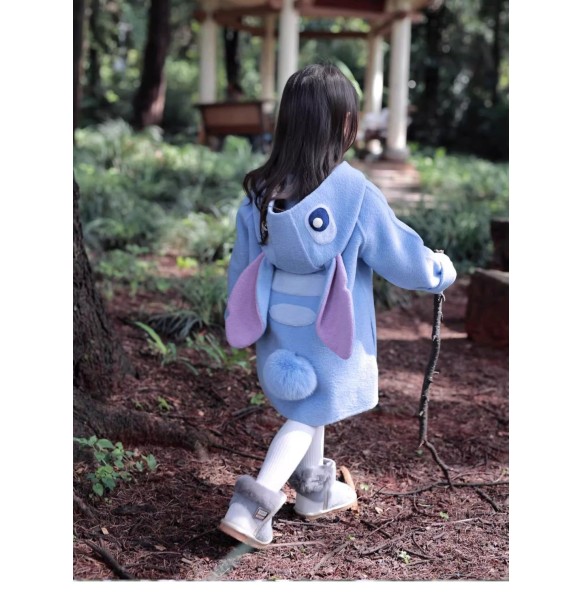 Autumn and Winter Girls New Disney Stitch Coat Purple Rabbit Children's Hooded Fashion Long Sleeve Long Woolen Coat